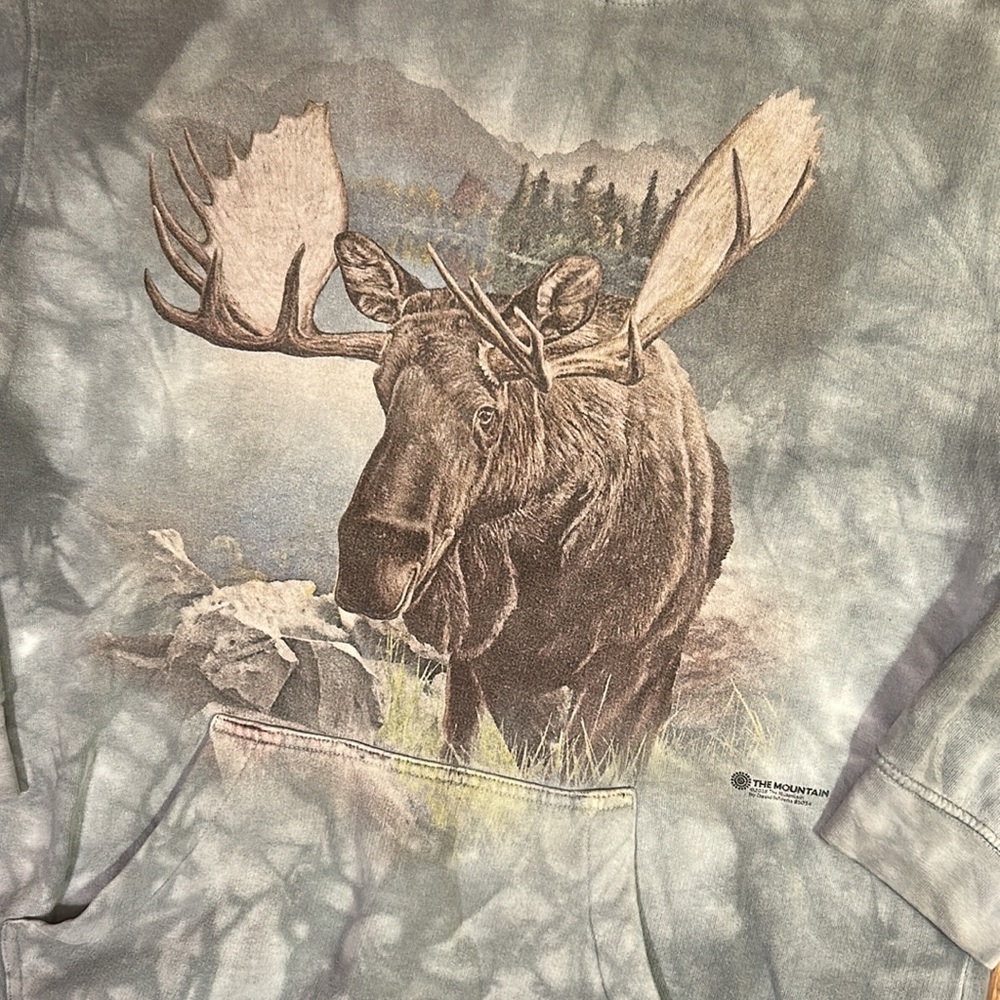 237-Vintage The Mountain Men's Gray/Greenish Tie-Dye Moose Graphic Hoodie - Picture 2 of 10